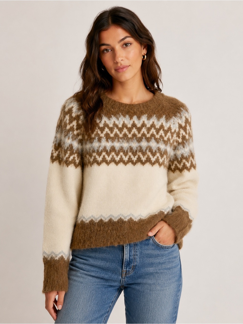 J.Crew Alpaca Wool Blend Fair Isle Sweater Women’s XL Brown Cream Boho Cozy
